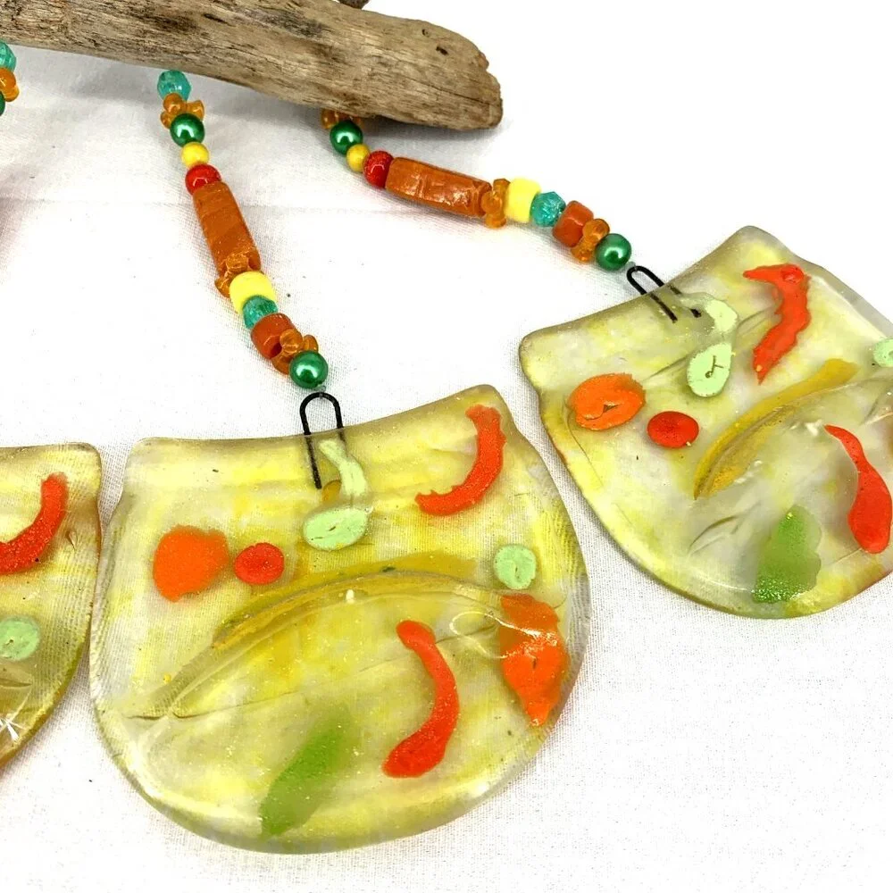 Fused Glass Wind Chime Driftwood Handcrafted Yellow Orange Yard Porch Decor 14